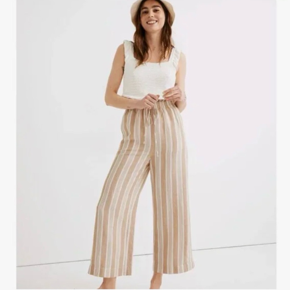 Madewell Smocked Huston Beige and White Striped Drawstring Wide-Leg Pants - Picture 7 of 7